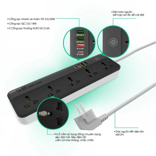 Ổ cắm thông minh Wi-Fi Rạng Đông OC09 WF usb 5C 10A cau tao 1
